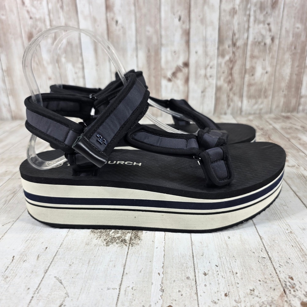 Tory Burch Womens Navy Black Striped Platform Sport Sandals Size 9M Strappy